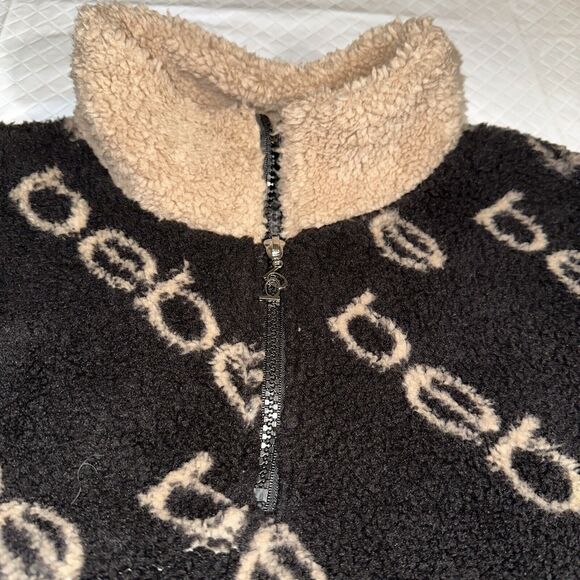 BEBE Brown women sz XL sherpa 1/4 zip sweater sweatshirt‎ top Fuzzy Furry Logo - Picture 2 of 7